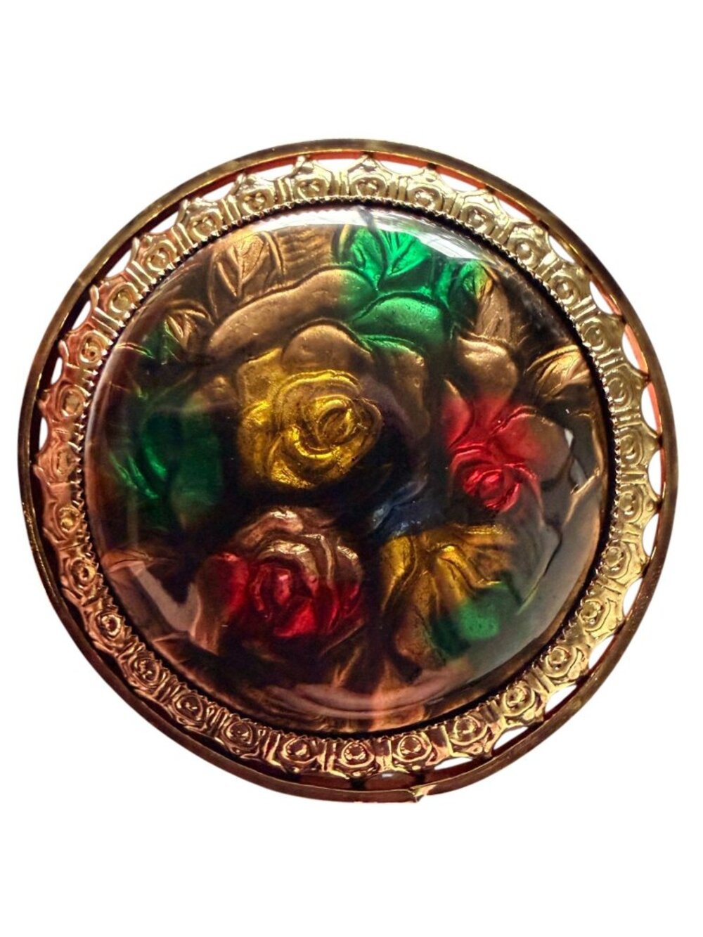 Vintage Reverse Carved Lucite Brooch Gold Tone Floral Pin 1950s New Old Stock